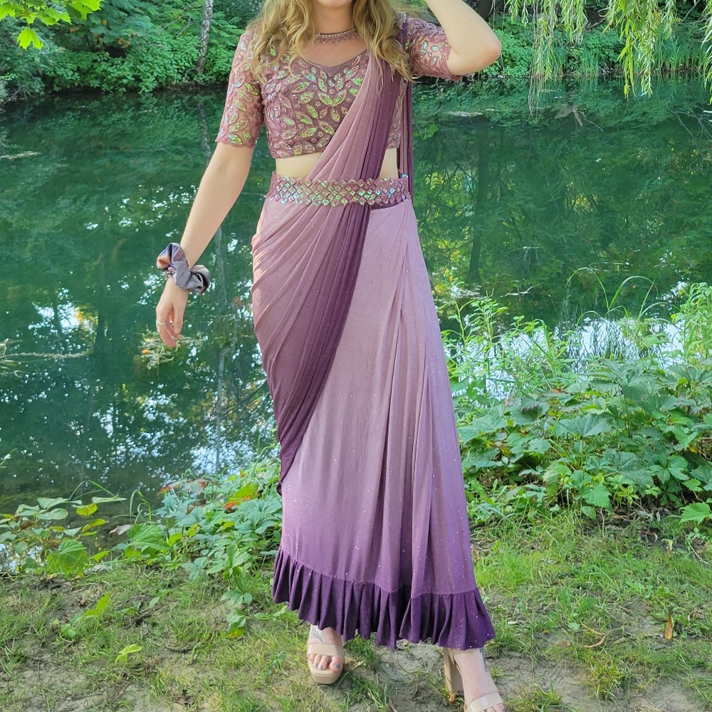Silk Lavender Designer Lehenga Style Saree